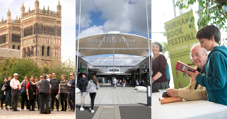 left to right - tour guide talking to group outside Durham Cathedral, Dalton Park shopping centre entrance and man and boy reading at Durham Book Festival